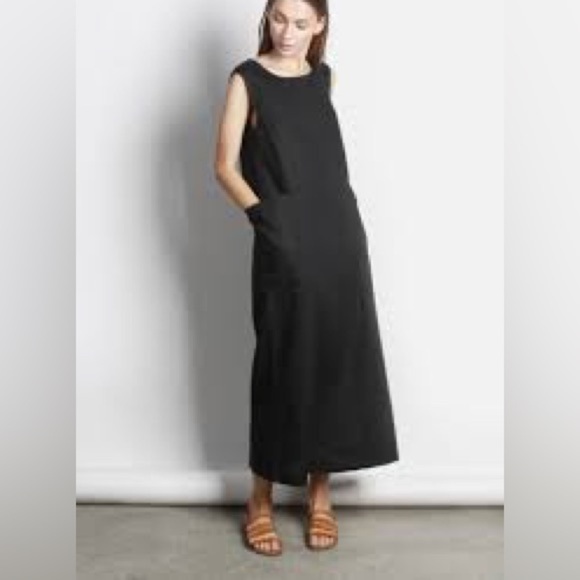 Mod Ref Harlow Flax Cotton Midi Dress Black Sleeveless Size Small Front Pockets - Picture 1 of 13
